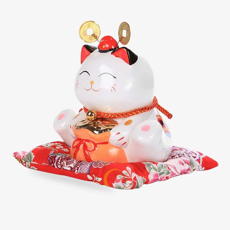 Maneki Neko Blanc en Céramique avec Bourse