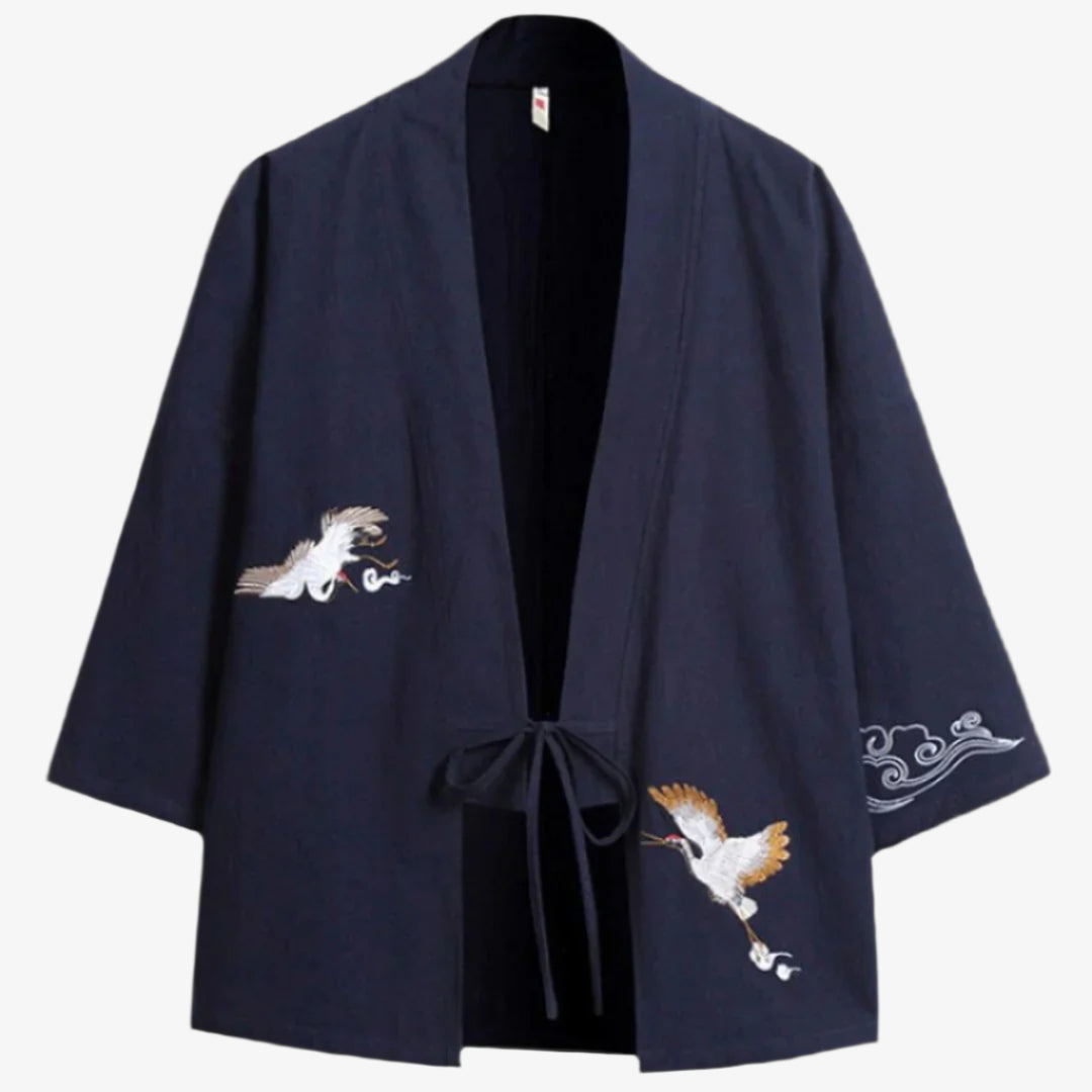 Haori Homme Bleu Marine Grue Brodée