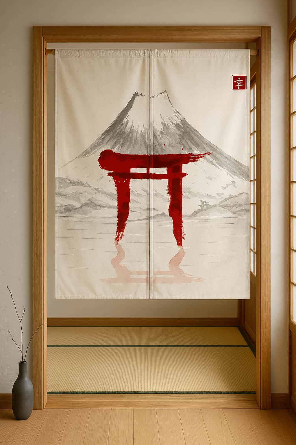 Noren Torii Rouge et Mont Fuji à l'Encre
