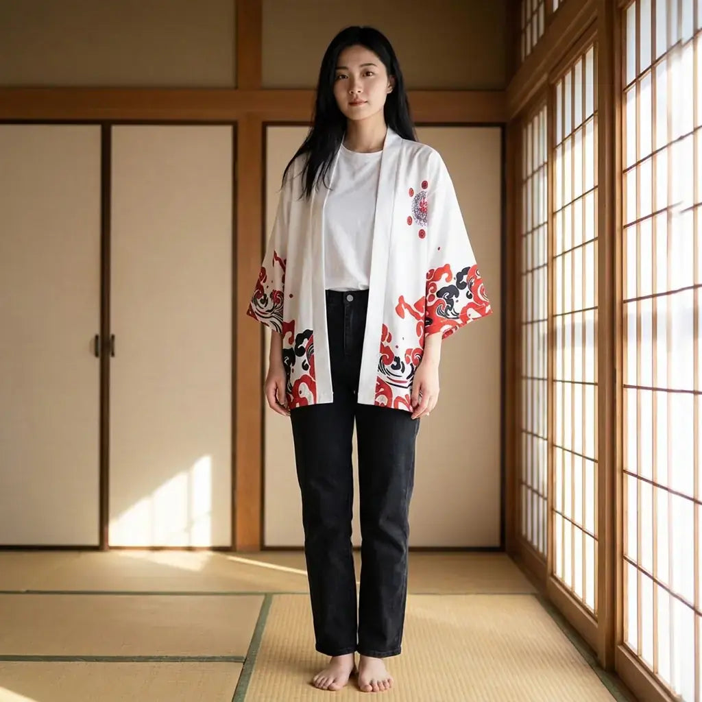 Veste Kimono Homme Blanche Oni Rouge