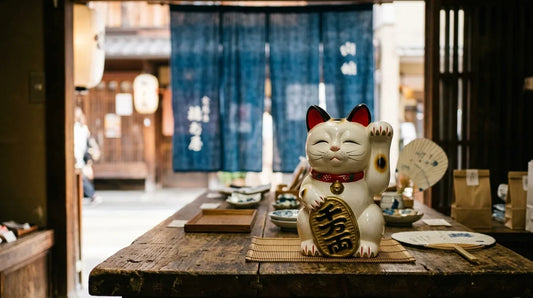 Chat porte-bonheur japonais maneki neko posé sur le comptoir d'une boutique japonaise