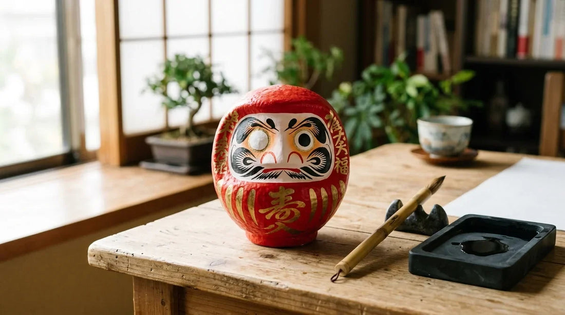 Daruma rouge avec un œil peint, posé sur un bureau en bois à côté d’un pinceau et d’une pierre à encre