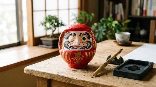Daruma rouge avec un œil peint, posé sur un bureau en bois à côté d’un pinceau et d’une pierre à encre