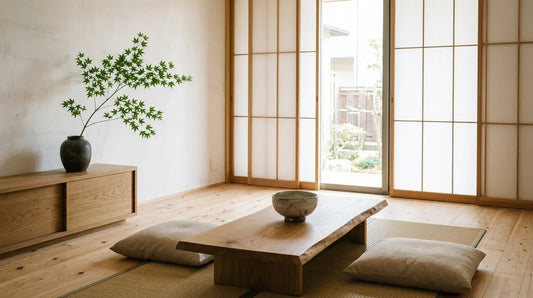 Décoration japonaise d’un salon épuré avec table basse en bois, coussins en lin, branche d’érable et panneaux shoji