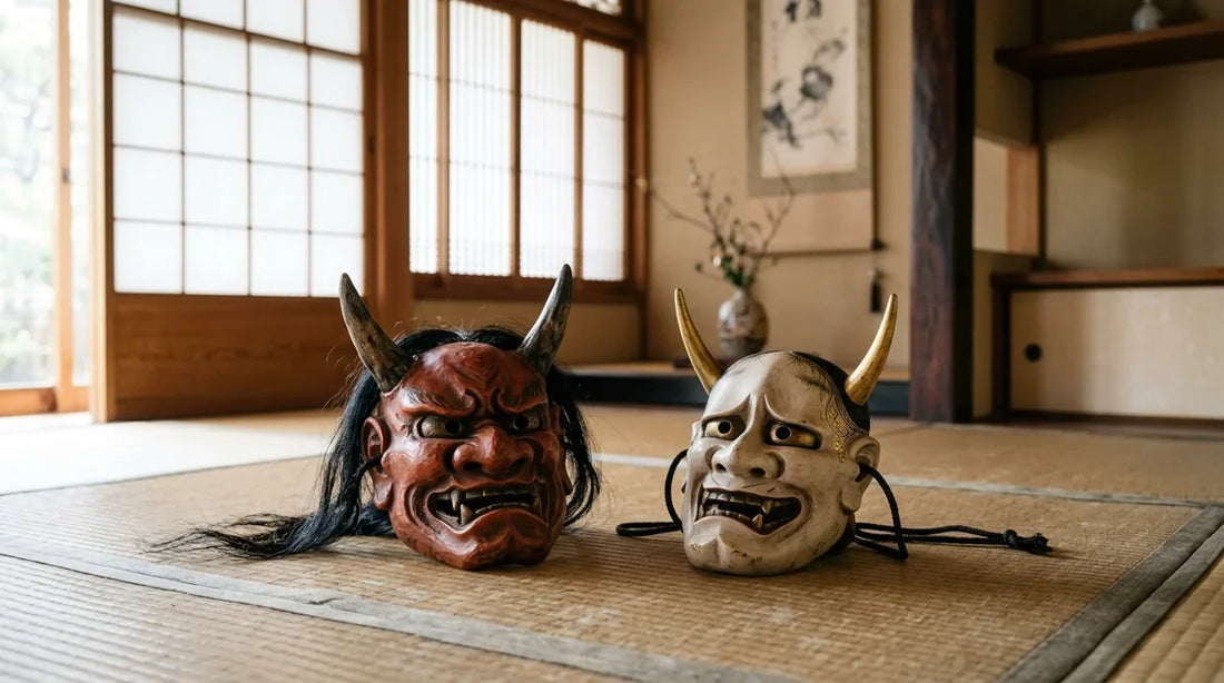 Démon en japonais : un masque d’oni rouge et un masque hannya blanc posés sur un tatami