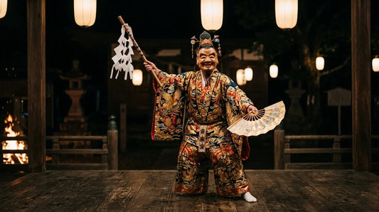 Kagura : danseur masqué en costume brodé d’or sur la scène d’un sanctuaire shinto éclairée de lanternes, la nuit