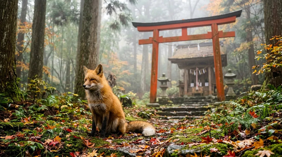Kitsune : renard roux assis dans une forêt japonaise devant un torii vermillon et un petit sanctuaire