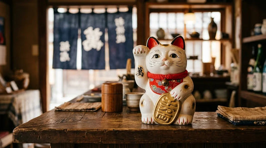 Maneki neko blanc à la patte levée avec collier rouge, clochette, bavoir et koban, sur le comptoir d’une boutique japonaise