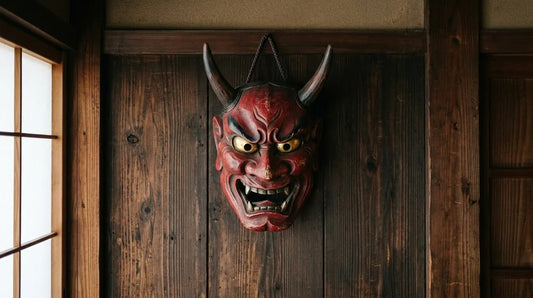 Masque oni rouge à cornes et crocs accroché au mur en bois d’une maison japonaise : la signification du masque oni