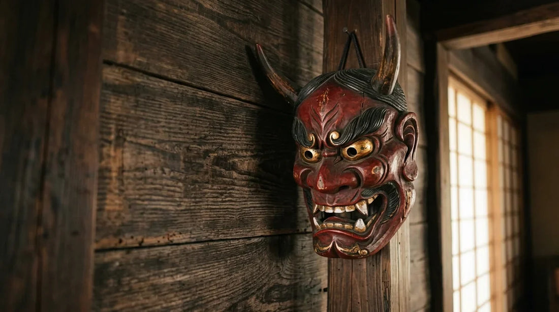 Oni, démon japonais : masque d’oni rouge en bois sculpté accroché au mur d’une maison japonaise