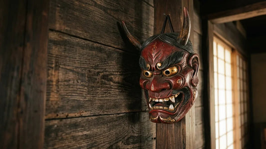 Oni, démon japonais : masque d’oni rouge en bois sculpté accroché au mur d’une maison japonaise