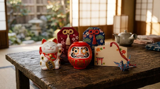 Porte-bonheur japonais : maneki neko, daruma, omamori, ema et grue en origami sur une table en bois