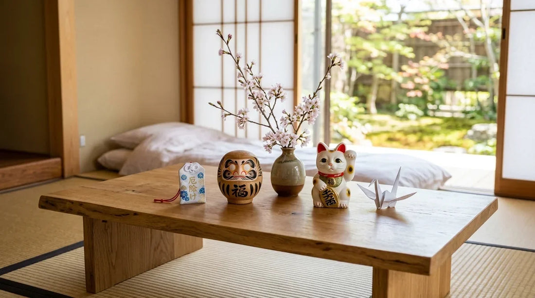 Symbolisme japonais : grue en origami, maneki neko, daruma, omamori et branche de cerisier sur une table basse en bois