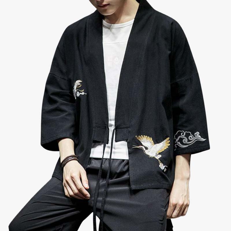 Haori Homme Noir Grue Brodée