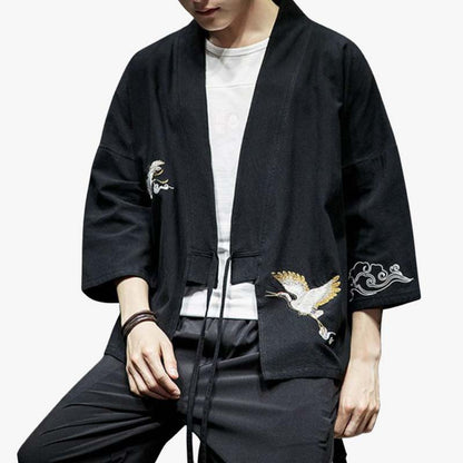Haori Homme Noir Grue Brodée