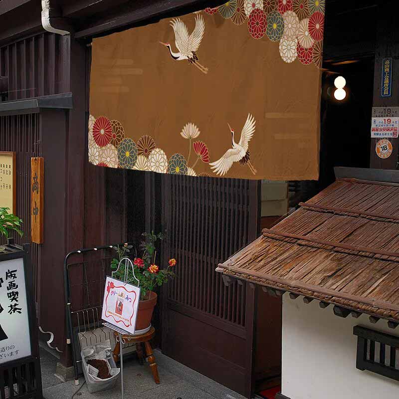 Noren Court Héron et Fleurs Japonaises