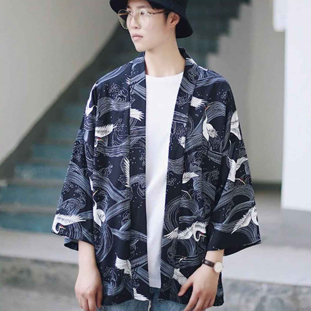 Veste Kimono Homme Vagues Nami et Tsuru