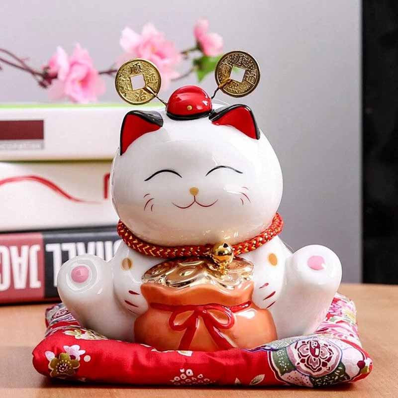 Maneki Neko Blanc en Céramique avec Bourse