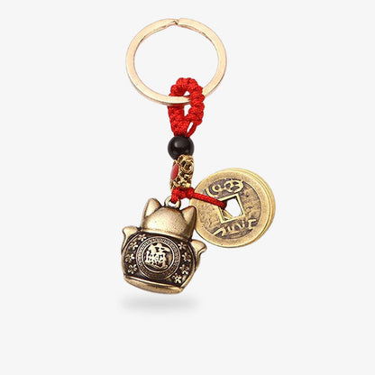 Maneki Neko Porte-Clé en Laiton Cordon Tressé