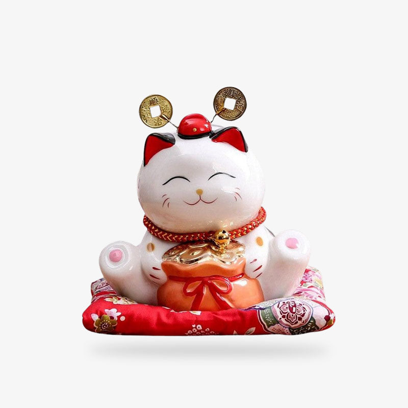 Maneki Neko Blanc en Céramique avec Bourse