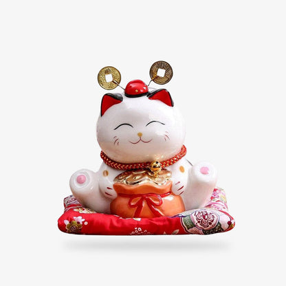Maneki Neko Blanc en Céramique avec Bourse