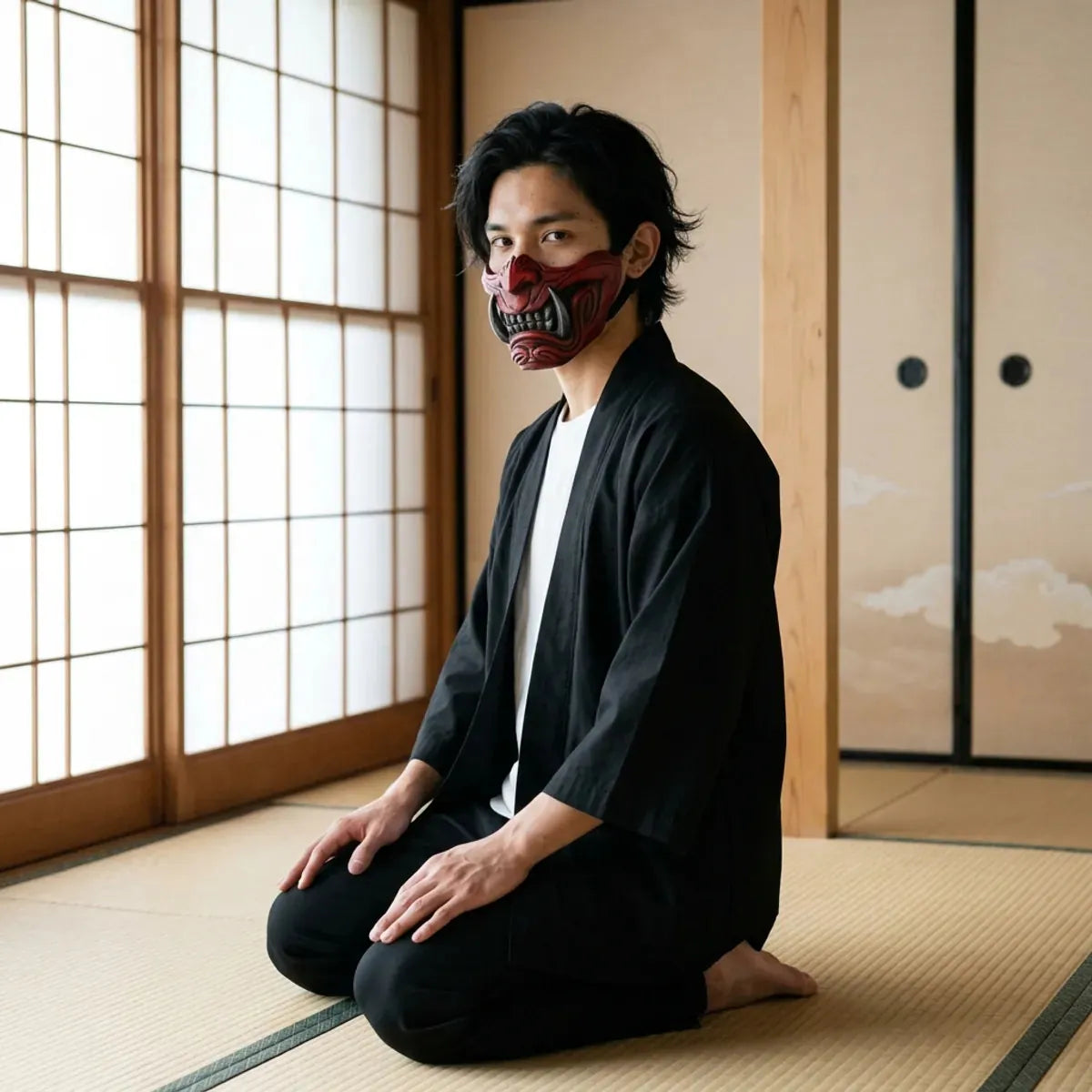 Masque Oni Rouge Sang en PU et Fibre de Verre