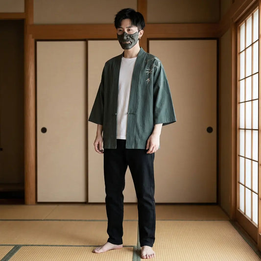 Haori Homme Vert Bambou Brodé