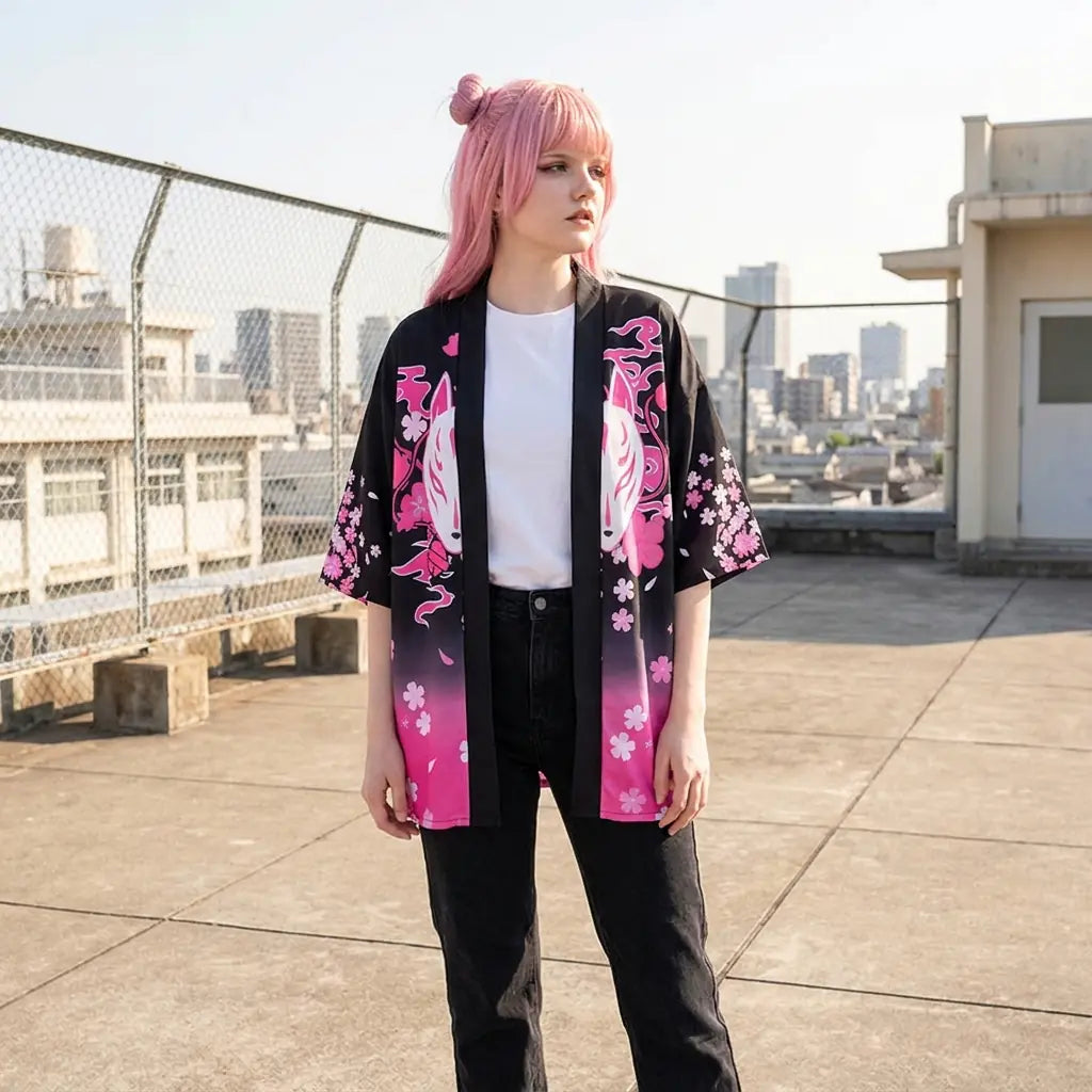 Haori Femme Kitsune Noir et Rose