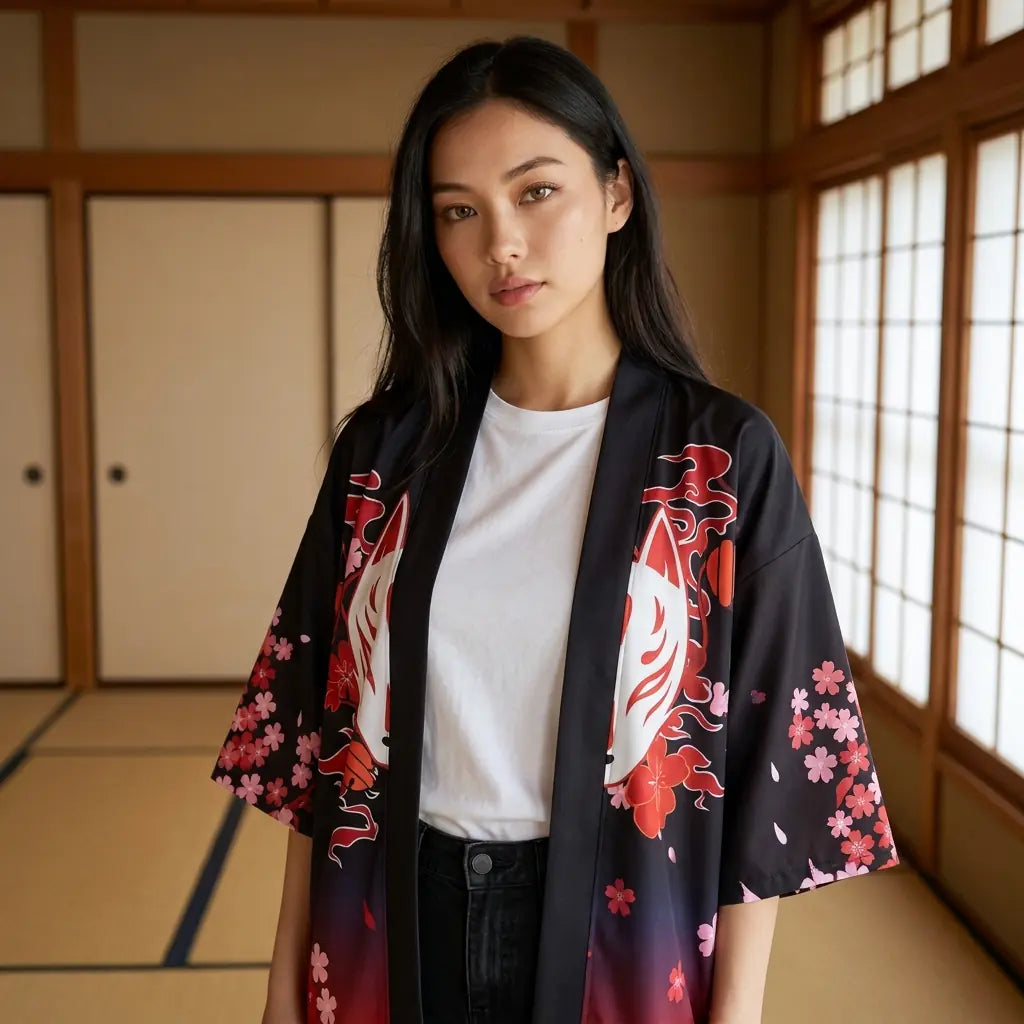 Haori Femme Kitsune et Branches de Sakura