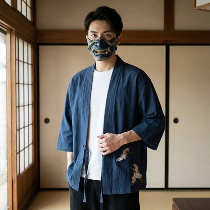 Haori Homme Grue Tsuru Brodée Main