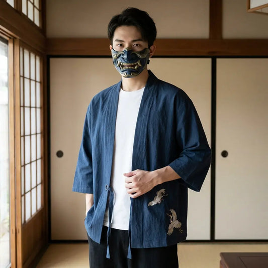 Haori Homme Grue Tsuru Brodée Main
