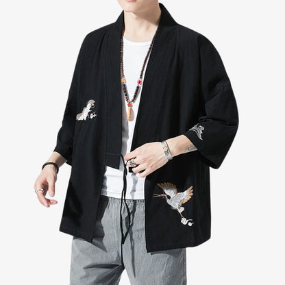 Haori Homme Noir Grue Brodée