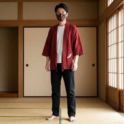 Haori Traditionnel en Coton Grues Brodées
