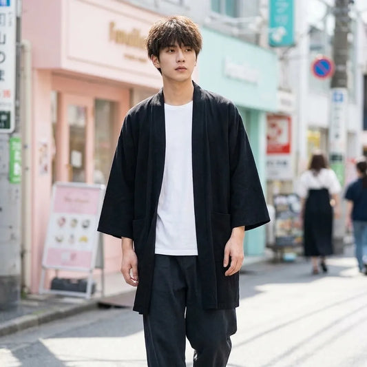 Haori Homme Noir Monochrome Sans Motif