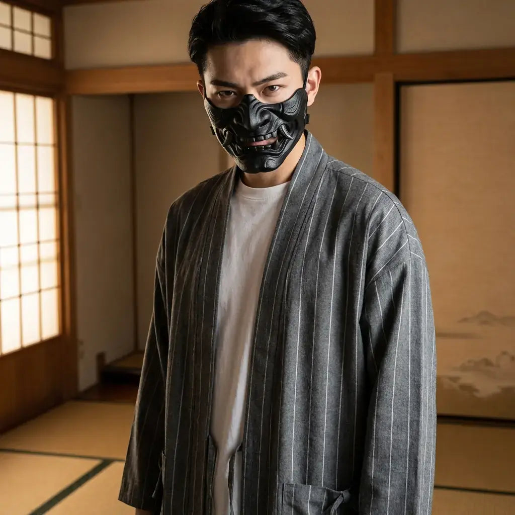 Haori Noir Face-à-Face Oni et Kitsune