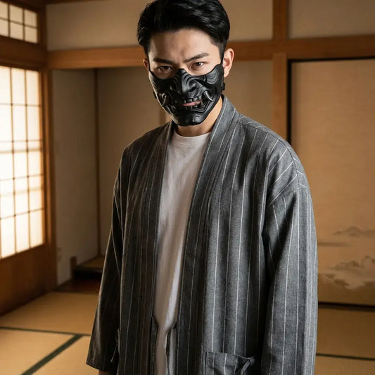Haori Noir Face-à-Face Oni et Kitsune