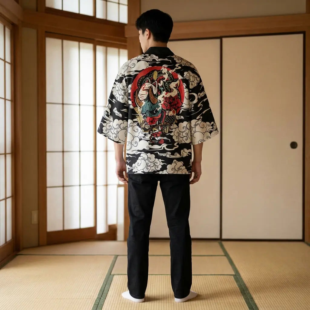 Haori Oni Noir Nuages Blancs et Kitsune