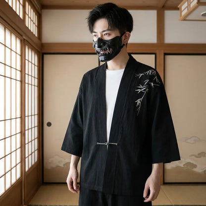 Haori Noir Motif Bambou sur l'Épaule