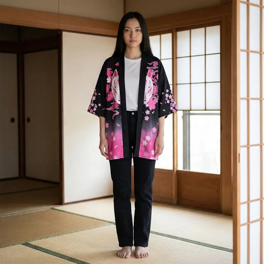 Haori Femme Kitsune Noir et Rose