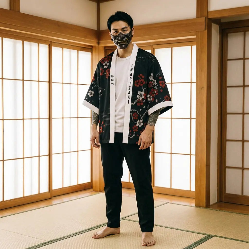 Haori Kitsune Sakura sur Fond Noir