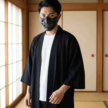 Haori Homme Noir Monochrome Sans Motif