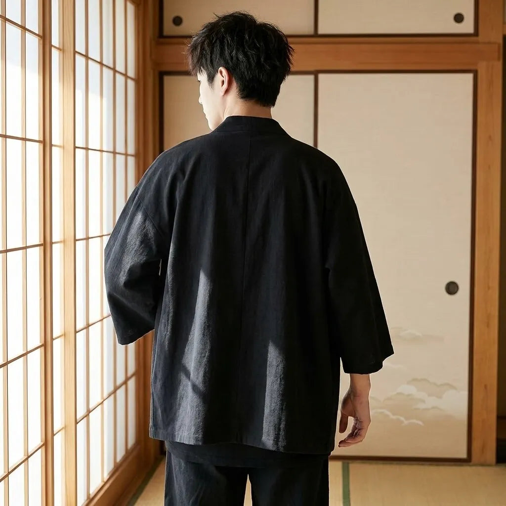 Haori Homme Noir Monochrome Sans Motif