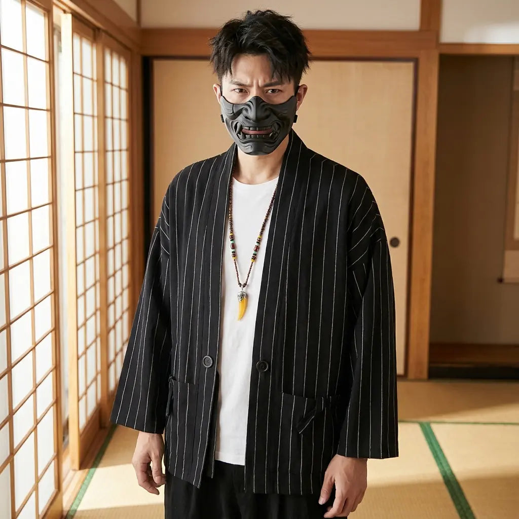 Haori Noir Homme Coupe Décontractée