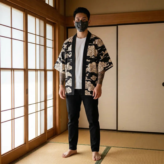 Haori Oni Noir Nuages Blancs et Kitsune