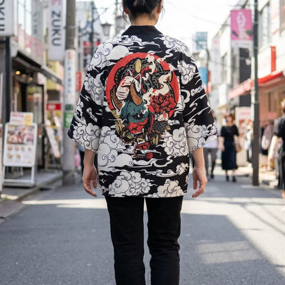 Haori Oni Noir Nuages Blancs et Kitsune