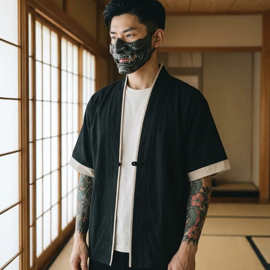 Haori Noir Minimaliste Manches Trois-Quarts