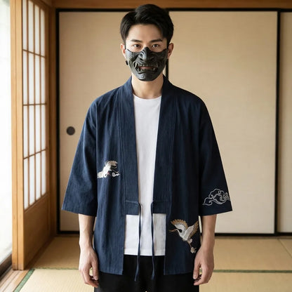 Haori Homme Bleu Marine Grue Brodée