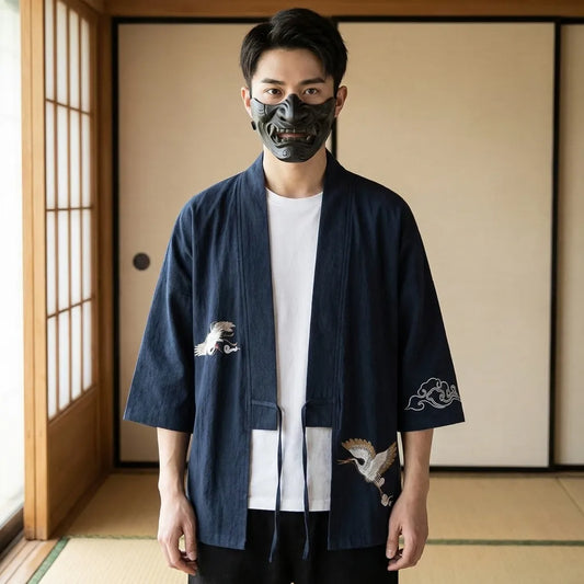 Haori Homme Bleu Marine Grue Brodée