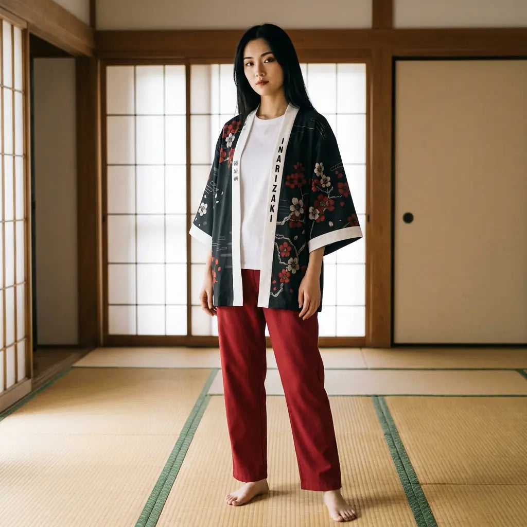 Haori Kitsune Sakura sur Fond Noir
