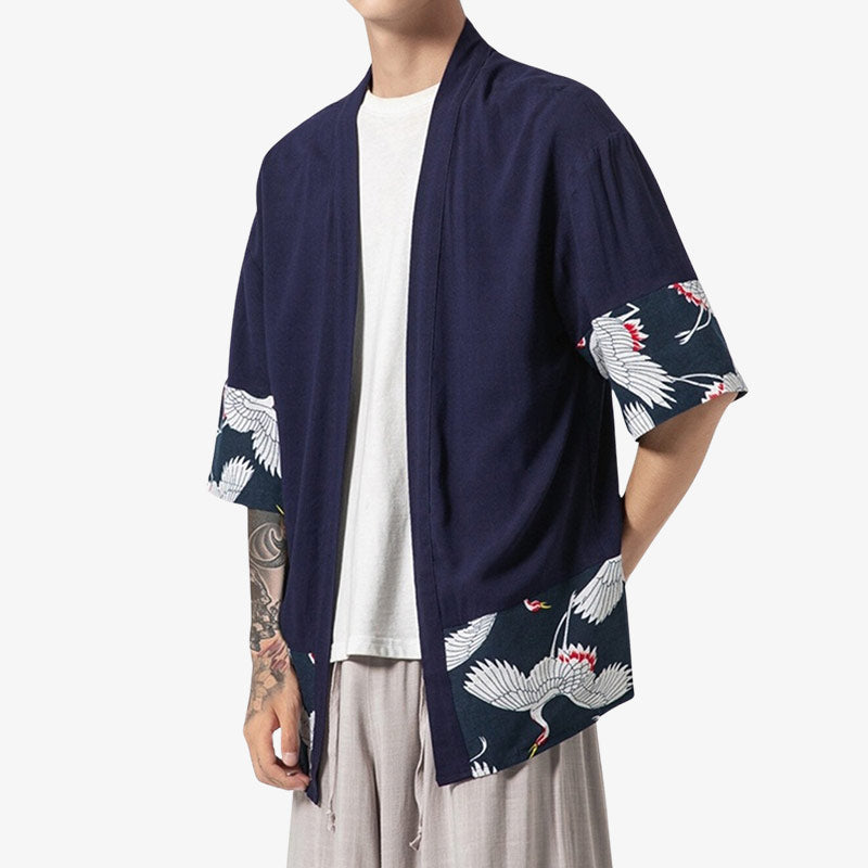 Haori Homme Traditionnel Tsuru Coton Lin